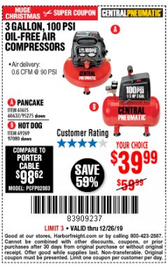 Harbor Freight Coupon 3 GALLON, 100 PSI OILLESS AIR COMPRESSORS Lot No. 69269/97080/60637/61615/95275 Expired: 12/26/19 - $39.99