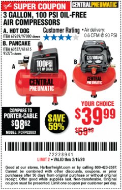 Harbor Freight Coupon 3 GALLON, 100 PSI OILLESS AIR COMPRESSORS Lot No. 69269/97080/60637/61615/95275 Expired: 2/16/20 - $39.99