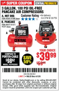 Harbor Freight Coupon 3 GALLON, 100 PSI OILLESS AIR COMPRESSORS Lot No. 69269/97080/60637/61615/95275 Expired: 4/1/20 - $39.99