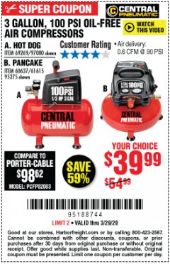 Harbor Freight Coupon 3 GALLON, 100 PSI OILLESS AIR COMPRESSORS Lot No. 69269/97080/60637/61615/95275 Expired: 3/29/20 - $39.99