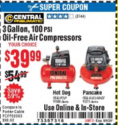 Harbor Freight Coupon 3 GALLON, 100 PSI OILLESS AIR COMPRESSORS Lot No. 69269/97080/60637/61615/95275 Expired: 9/6/20 - $39.99