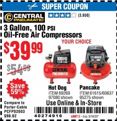 Harbor Freight Coupon 3 GALLON, 100 PSI OILLESS AIR COMPRESSORS Lot No. 69269/97080/60637/61615/95275 Expired: 8/16/20 - $39.99