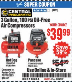 Harbor Freight Coupon 3 GALLON, 100 PSI OILLESS AIR COMPRESSORS Lot No. 69269/97080/60637/61615/95275 Expired: 9/24/20 - $39.99