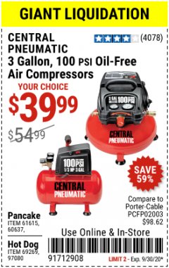 Harbor Freight Coupon 3 GALLON, 100 PSI OILLESS AIR COMPRESSORS Lot No. 69269/97080/60637/61615/95275 Expired: 9/30/20 - $39.99