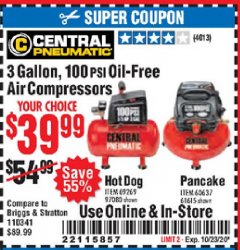 Harbor Freight Coupon 3 GALLON, 100 PSI OILLESS AIR COMPRESSORS Lot No. 69269/97080/60637/61615/95275 Expired: 10/23/20 - $39.99