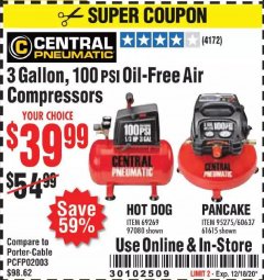 Harbor Freight Coupon 3 GALLON, 100 PSI OILLESS AIR COMPRESSORS Lot No. 69269/97080/60637/61615/95275 Expired: 12/18/20 - $39.99