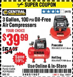 Harbor Freight Coupon 3 GALLON, 100 PSI OILLESS AIR COMPRESSORS Lot No. 69269/97080/60637/61615/95275 Expired: 1/8/21 - $39.99