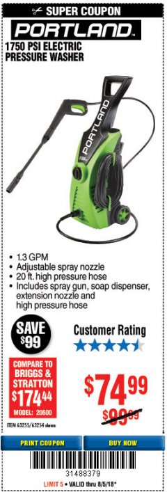 Harbor Freight Coupon 1750 PSI ELECTRIC PRESSURE WASHER Lot No. 63254/63255 Expired: 8/5/18 - $74.99