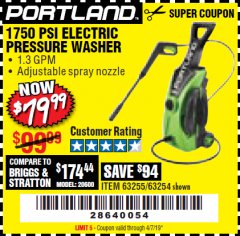 Harbor Freight Coupon 1750 PSI ELECTRIC PRESSURE WASHER Lot No. 63254/63255 Expired: 4/7/19 - $79.99
