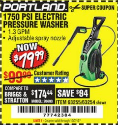 Harbor Freight Coupon 1750 PSI ELECTRIC PRESSURE WASHER Lot No. 63254/63255 Expired: 10/1/19 - $79.99