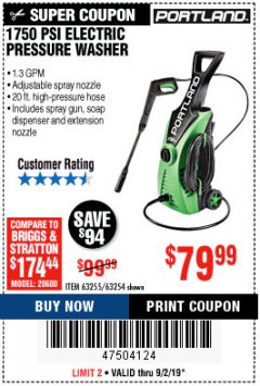 Harbor Freight Coupon 1750 PSI ELECTRIC PRESSURE WASHER Lot No. 63254/63255 Expired: 9/2/19 - $79.99