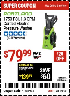 Harbor Freight Coupon 1750 PSI ELECTRIC PRESSURE WASHER Lot No. 63254/63255 Expired: 7/4/22 - $79.99