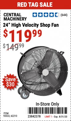 Harbor Freight Coupon 24" HIGH VELOCITY SHOP FAN Lot No. 62210/56742/93532 Expired: 8/31/20 - $119.99