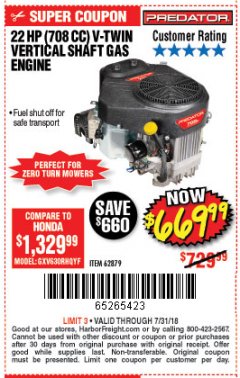 Harbor Freight Coupon PREDATOR 22 HP (708 CC) V-TWIN VERTICAL SHAFT ENGINE Lot No. 62879 Expired: 7/31/18 - $669.99