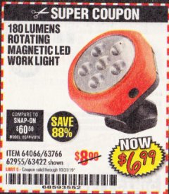 Harbor Freight Coupon ROTATING MAGNETIC LED WORK LIGHT Lot No. 63422/62955/64066/63766 Expired: 10/31/19 - $6.99