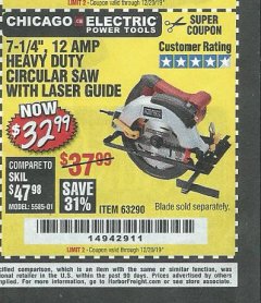 Harbor Freight Coupon 7-1/4", 12 AMP HEAVY DUTY CIRCULAR SAW WITH LASER GUIDE SYSTEM Lot No. 63290 Expired: 12/20/19 - $32.99