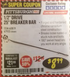 Harbor Freight Coupon PITTSBURGH PRO 1/2" DRIVE 25" BREAKER BAR Lot No. 67933/60819 Expired: 8/31/18 - $8.99