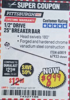 Harbor Freight Coupon PITTSBURGH PRO 1/2" DRIVE 25" BREAKER BAR Lot No. 67933/60819 Expired: 10/31/18 - $8.99
