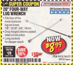 Harbor Freight Coupon 20" FOUR-WAY LUG WRENCH Lot No. 94110 Expired: 11/30/19 - $8.99