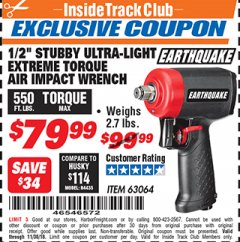 Harbor Freight ITC Coupon EARTHQUAKE 1/2 IN. STUBBY AIR IMPACT WRENCH Lot No. 63064 Expired: 11/30/18 - $79.99