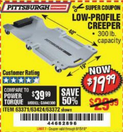 Harbor Freight Coupon LOW-PROFILE CREEPER Lot No. 63424/63371/63372 Expired: 5/15/19 - $19.99
