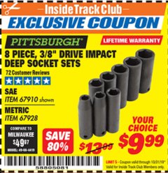 Harbor Freight ITC Coupon 8 PIECE 3/8" DRIVE DEEP IMPACT SOCKET SETS Lot No. 67910/67928 Expired: 10/31/19 - $9.99