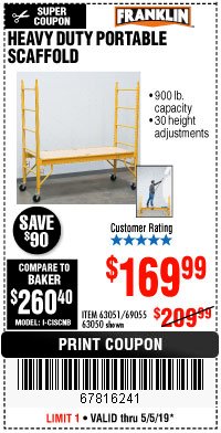 Harbor Freight Coupon HEAVY DUTY PORTABLE SCAFFOLD Lot No. 63050/63051/69055/98979 Expired: 5/5/19 - $169.99