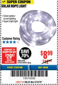 Harbor Freight Coupon SOLAR ROPE LIGHT Lot No. 69297, 56883 Expired: 5/13/18 - $8.99