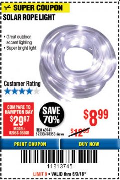 Harbor Freight Coupon SOLAR ROPE LIGHT Lot No. 69297, 56883 Expired: 6/3/18 - $8.99