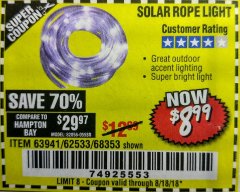 Harbor Freight Coupon SOLAR ROPE LIGHT Lot No. 69297, 56883 Expired: 8/18/18 - $8.99