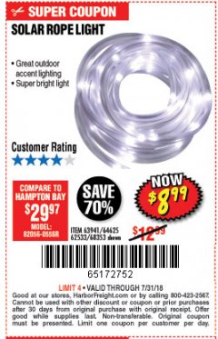 Harbor Freight Coupon SOLAR ROPE LIGHT Lot No. 69297, 56883 Expired: 7/31/18 - $8.99