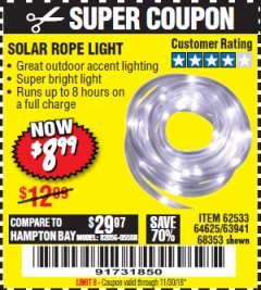 Harbor Freight Coupon SOLAR ROPE LIGHT Lot No. 69297, 56883 Expired: 11/30/18 - $8.99
