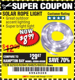 Harbor Freight Coupon SOLAR ROPE LIGHT Lot No. 69297, 56883 Expired: 1/11/19 - $8.99