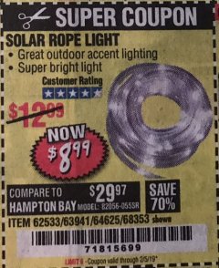 Harbor Freight Coupon SOLAR ROPE LIGHT Lot No. 69297, 56883 Expired: 2/5/19 - $8.99