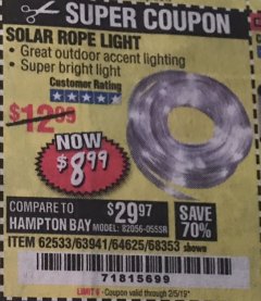 Harbor Freight Coupon SOLAR ROPE LIGHT Lot No. 69297, 56883 Expired: 2/5/19 - $9.99