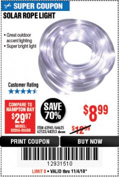Harbor Freight Coupon SOLAR ROPE LIGHT Lot No. 69297, 56883 Expired: 11/4/18 - $8.99