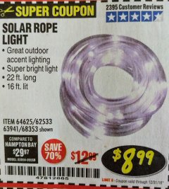 Harbor Freight Coupon SOLAR ROPE LIGHT Lot No. 69297, 56883 Expired: 12/31/18 - $8.99