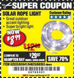 Harbor Freight Coupon SOLAR ROPE LIGHT Lot No. 69297, 56883 Expired: 4/1/19 - $8.99