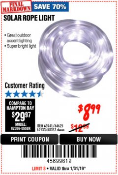 Harbor Freight Coupon SOLAR ROPE LIGHT Lot No. 69297, 56883 Expired: 1/31/19 - $8.99