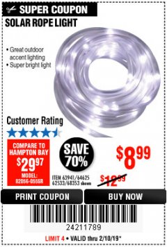 Harbor Freight Coupon SOLAR ROPE LIGHT Lot No. 69297, 56883 Expired: 2/10/19 - $8.99