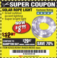 Harbor Freight Coupon SOLAR ROPE LIGHT Lot No. 69297, 56883 Expired: 5/18/19 - $8.99