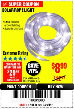 Harbor Freight Coupon SOLAR ROPE LIGHT Lot No. 69297, 56883 Expired: 2/24/19 - $8.99