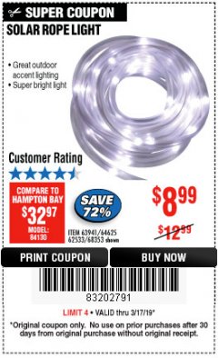 Harbor Freight Coupon SOLAR ROPE LIGHT Lot No. 69297, 56883 Expired: 3/17/19 - $8.99