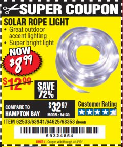Harbor Freight Coupon SOLAR ROPE LIGHT Lot No. 69297, 56883 Expired: 7/14/19 - $8.99