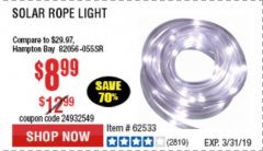 Harbor Freight Coupon SOLAR ROPE LIGHT Lot No. 69297, 56883 Expired: 3/31/19 - $8.99