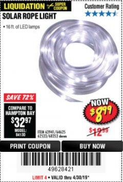 Harbor Freight Coupon SOLAR ROPE LIGHT Lot No. 69297, 56883 Expired: 4/30/19 - $8.99