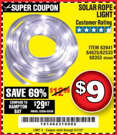 Harbor Freight Coupon SOLAR ROPE LIGHT Lot No. 69297, 56883 Expired: 6/1/19 - $9