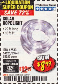 Harbor Freight Coupon SOLAR ROPE LIGHT Lot No. 69297, 56883 Expired: 5/31/19 - $8.99