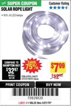 Harbor Freight Coupon SOLAR ROPE LIGHT Lot No. 69297, 56883 Expired: 4/21/19 - $7.99