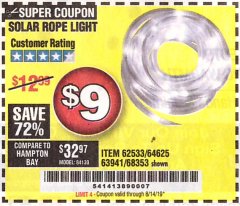 Harbor Freight Coupon SOLAR ROPE LIGHT Lot No. 69297, 56883 Expired: 8/14/19 - $9